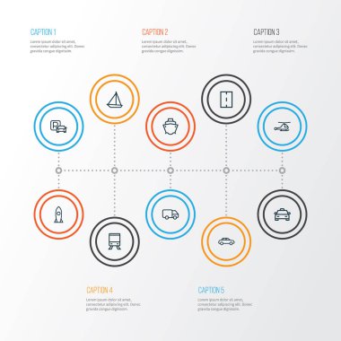 Ulaşım anahat simgelerini belirlemek. Yol, işareti, taksi ve diğer öğeleri koleksiyonu. Ayrıca Tanker, P, roket gibi simgeler içerir.