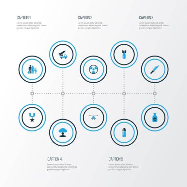 Savaş renkli simgeler kümesi. Topçu, mülteci, zehir ve diğer öğeleri koleksiyonu. Ayrıca, helikopter, kurşun, silah gibi simgeler içerir.