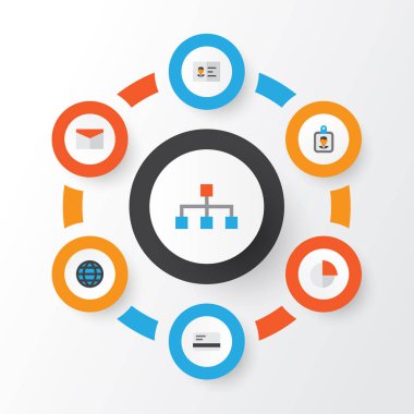 Ticaret düz simgeler kümesi. Zarf, pasta Bar, hiyerarşi ve diğer öğeleri koleksiyonu. Ayrıca kimlik, yapı, banka gibi simgeler içerir.