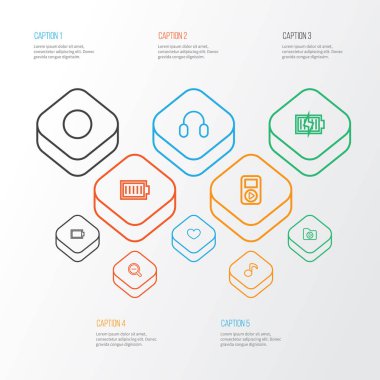 Medya Icons Set anahat. Enerji, tam dolu pil, kalp ve diğer öğeleri koleksiyonu. Ayrıca dışarı, medya, pil gibi sembolleri içerir.