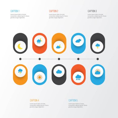 Hava düz simgeler kümesi. Moon, doluya, güneşli ve diğer öğeleri koleksiyonu. Ayrıca bulutlu, salgın, gökyüzü gibi simgeler içerir.