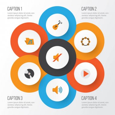 Multimedya düz simgeler kümesi. Akustik, ritim, Dj ve diğer öğeleri koleksiyonu. Ayrıca ses, vinil, Portföy gibi simgeler içerir.