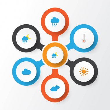 Hava düz simgeler kümesi. Bulut, bulutlu, doluya ve diğer öğeleri koleksiyonu. Ayrıca sembolleri böyle içerir olarak güneşli, duş, yağmur.