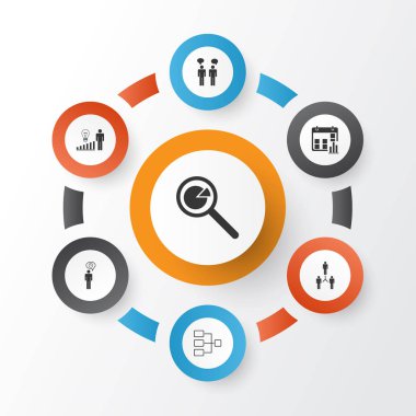 Executive Icons Set. Sunum tarihi, proje analizi, grup organizasyon ve diğer öğeleri koleksiyonu. Ayrıca bağlantı, işbirliği, fikir gibi simgeler içerir.