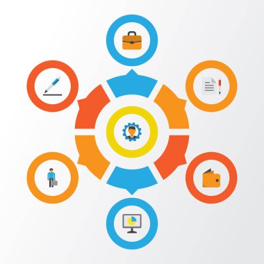 İş düz simgeler kümesi. Cüzdan, kalem, sözleşme ve diğer öğeleri koleksiyonu. Ayrıca Evrak Çantası'nı, sayfa, dişli gibi simgeler içerir.