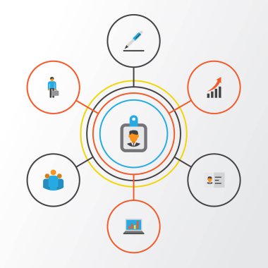 İş düz simgeler kümesi. Kimlik, artan, grup ve diğer öğeleri koleksiyonu. Rozet, birlik, imzalama gibi semboller de içerir.