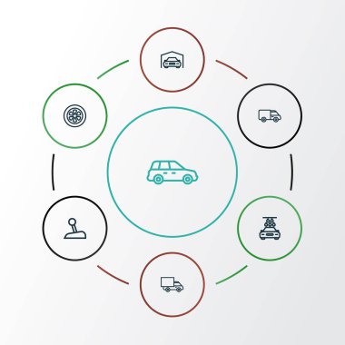 Araba anahat simgelerini belirlemek. Çamaşır, karavan, kamyon ve diğer öğeleri koleksiyonu. Ayrıca araba, minibüs, kamyon gibi simgeler içerir.