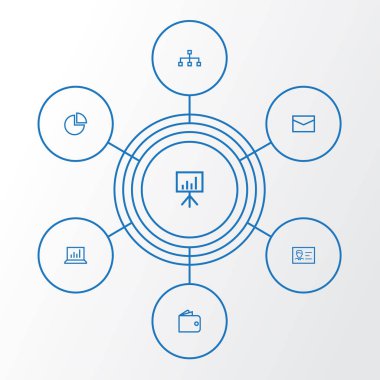 Ticaret anahat simgeler kümesi. Beyaz tahta, daire grafiği, m-cüzdan ve diğer öğeleri koleksiyonu. Ayrıca çanta, diyagram, hiyerarşi gibi simgeler içerir.