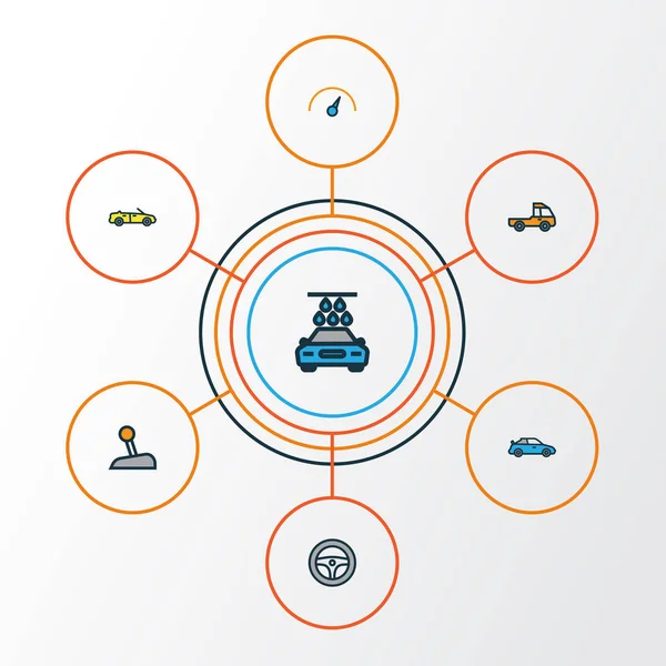 Otomatik Renkli Anahat simgelerini belirlemek. Yıkama, Level, dümen ve diğer öğeleri koleksiyonu. Ayrıca Oto, Araba, hız gibi simgeler içerir.