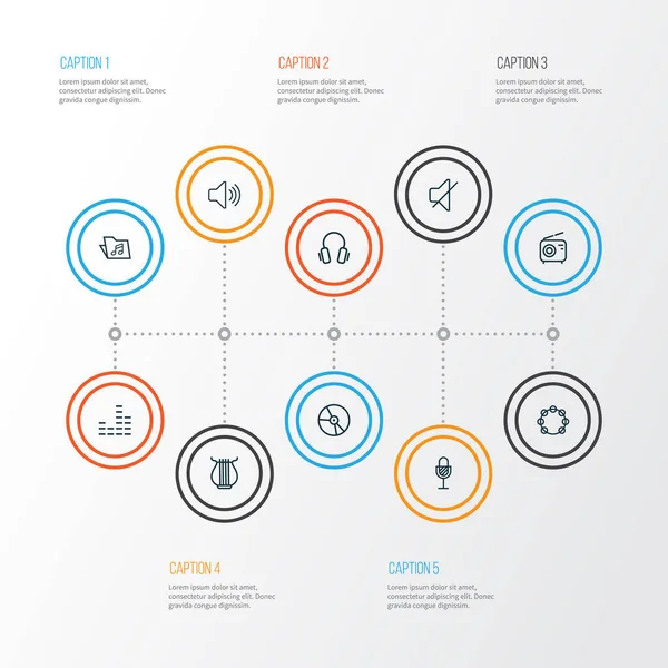 Multimedia disposition ikoner Set. Samling av stränginstrument, ljudlöst, plast och andra element. Innehåller också symboler såsom stränginstrument, hörlurar, Vinyl. — Stock vektor