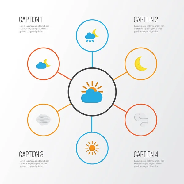 Tiempo Iconos Planos Conjunto. Colección de sol, helada, sol y otros elementos. También incluye símbolos como Demilune, Sol, Frosty . — Archivo Imágenes Vectoriales