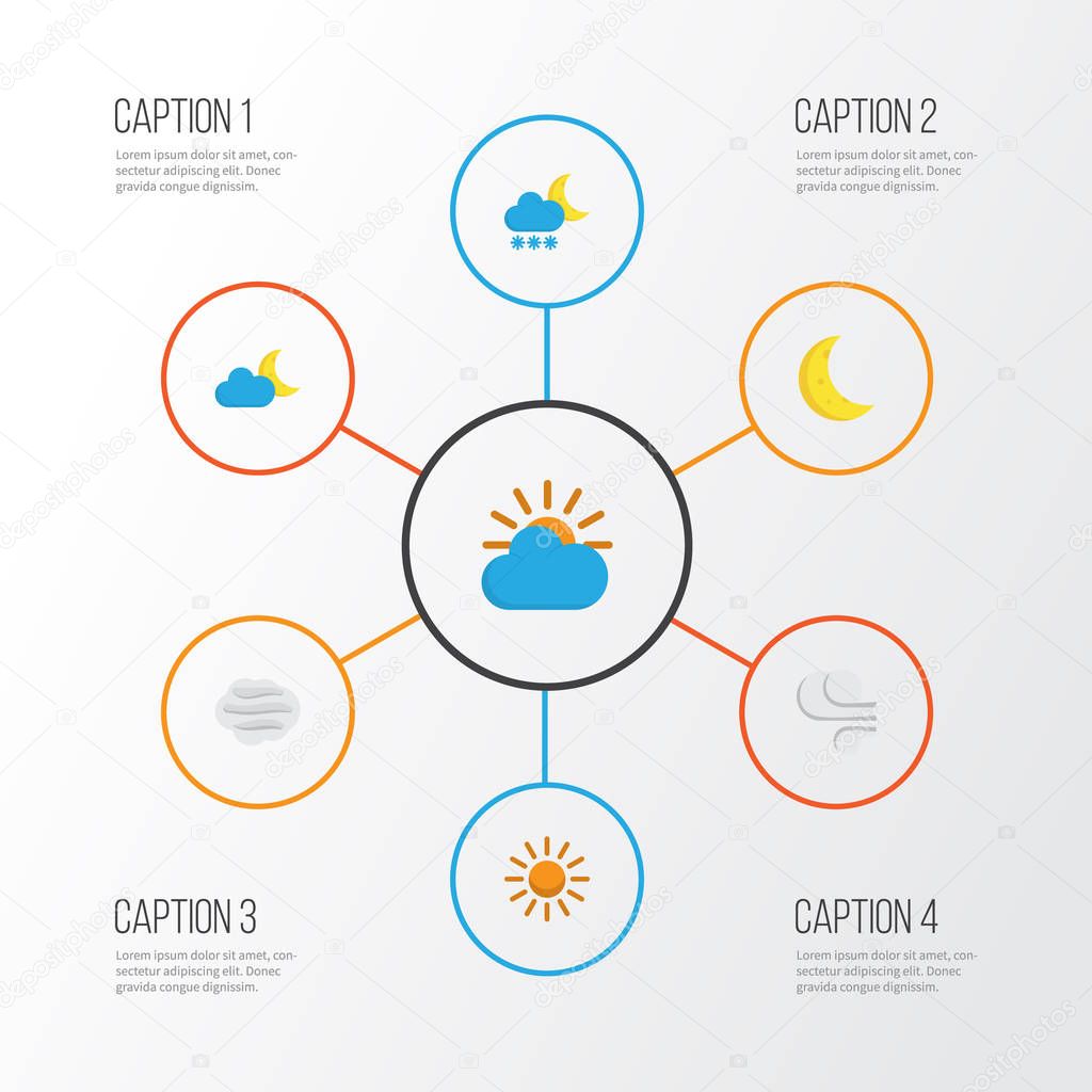 Weather Flat Icons Set. Collection Of Sunny, Frosty, Sun And Other Elements. Also Includes Symbols Such As Demilune, Sun, Frosty.