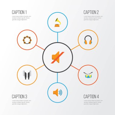 Multimedya düz simgeler kümesi. Ses, grup, sessiz öğeleri koleksiyonu. De gramofon, sessiz, tef gibi simgeler içerir.