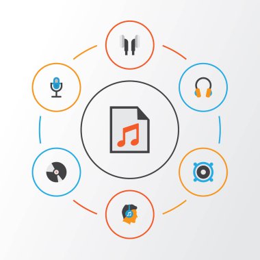 Müzik düz simgeler kümesi. Erkek, kulak Muffs, medya ve diğer öğeleri koleksiyonu. Ayrıca megafon, Dj, mikrofon gibi simgeler içerir.