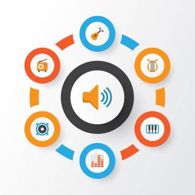 Müzik düz simgeler kümesi. Piyano, Sonata, hoparlör ve diğer öğeleri koleksiyonu. Ayrıca Fm, Filarmoni, Synthesizer gibi simgeler içerir.