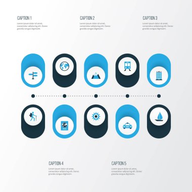 Renkli simgeler kümesi seyahat. Dağlar, otel, pasaport ve diğer öğeleri koleksiyonu. Ayrıca Motel, peyzaj, pasaport gibi simgeler içerir.