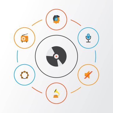 Multimedya düz simgeler kümesi. Shellac, Dj, erkek ve diğer öğeleri koleksiyonu. Ayrıca Disk, sessiz, tef gibi simgeler içerir.