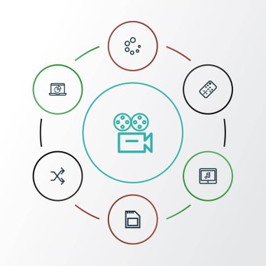 Multimedya anahat simgelerini belirlemek. Tablet, denetleyicisi, bekleyen ve diğer öğeleri koleksiyonu. Ayrıca uzaktan, Multi, yükleme gibi simgeler içerir.