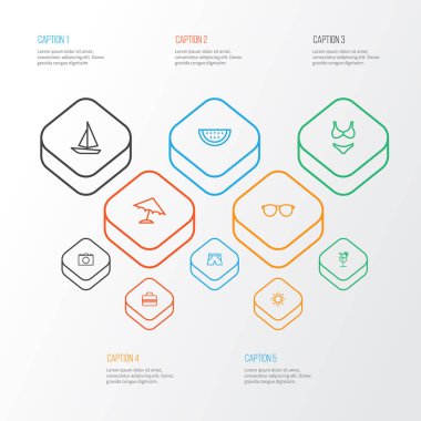 Sezon anahat simgelerini belirlemek. Özetleri, kokteyl, el çantası öğeleri koleksiyonu. Aynı zamanda yelken, bavul, Berry gibi simgeler içerir.