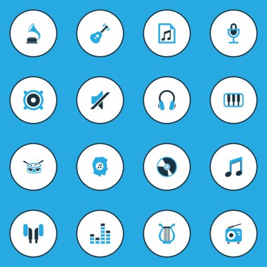Multimedya renkli simgeler kümesi. Sessiz, çalma listesi, gramofon ve diğer öğeleri koleksiyonu. De gramofon, müzikal, çalma listesi gibi simgeler içerir.