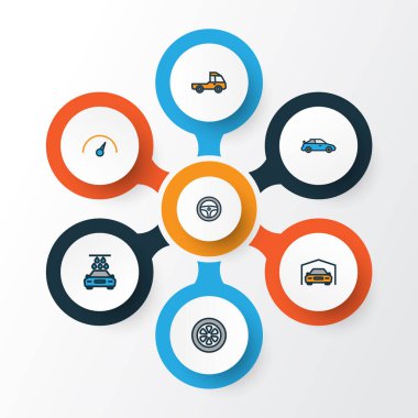 Otomobil renkli anahat simgelerini belirlemek. Pikap, Cabriolet, hız ve diğer öğeleri koleksiyonu. Ayrıca su, sürücü, hız gibi simgeler içerir.