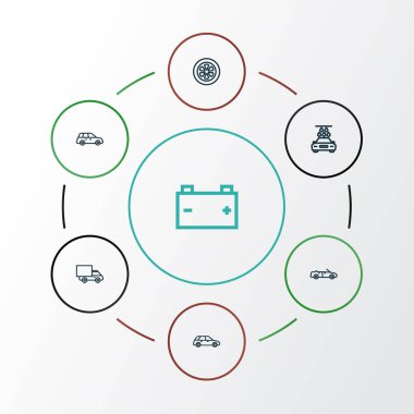 Otomobil anahat simgelerini belirlemek. Hatchback, yıkama, Cabrio modeli ve diğer öğeleri koleksiyonu. Ayrıca su, Cabriolet, Motor gibi simgeler içerir.