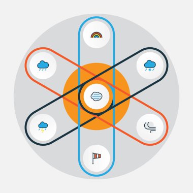 İklim renkli anahat simgelerini belirlemek. Fırtına, Hail, kasırga ve diğer öğeleri koleksiyonu. Ayrıca kar, yağmur damlası, fırtına gibi simgeler içerir.