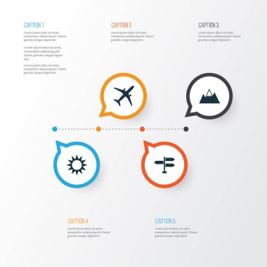 Yolculuk Icons Set. Mount, yön, güneşli ve diğer öğeleri koleksiyonu. Ayrıca güneş gibi simgeler, dağ, uçak içerir.