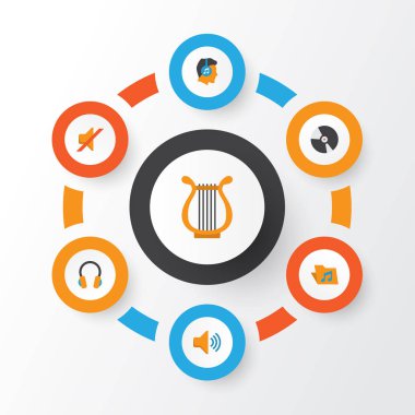 Müzik düz simgeler kümesi. Ses, Dj, sessiz ve diğer öğeleri koleksiyonu. Ayrıca, Portföy, Filarmoni, ses gibi simgeler içerir.