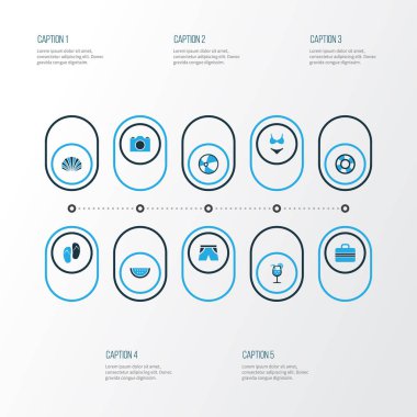 Yaz renkli simgeler ayarlayın. Mayolar, karpuz, kabuk ve diğer öğeleri koleksiyonu. Ayrıca, kavun, karpuz, deniz gibi simgeler içerir.