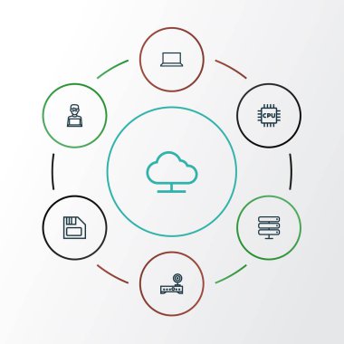 Bilgisayar anahat simgelerini belirlemek. Dizüstü bilgisayar, Modem, disket ve diğer öğeleri koleksiyonu. Ayrıca Datacenter, sunucu, Disk gibi simgeler içerir.