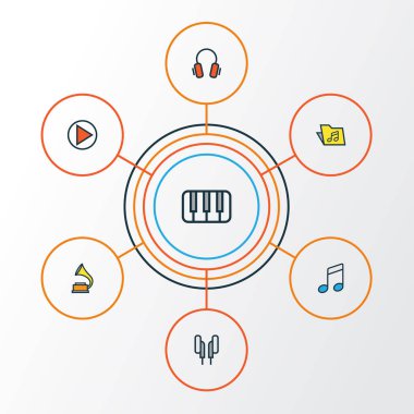 Ses renkli anahat simgelerini belirlemek. Ses, kulaklık, kulaklık ve diğer öğeleri koleksiyonu. Ayrıca müzik çalma, gramofon, gibi simgeler içerir.