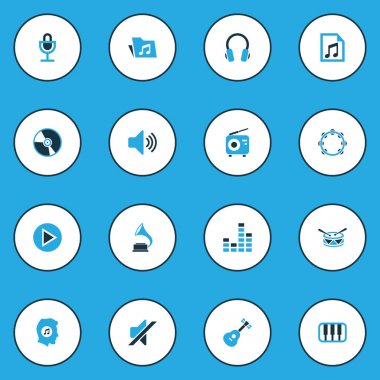 Multimedya renkli simgeler kümesi. Çalma listesi, klasör, birim ve diğer öğeleri koleksiyonu. Ayrıca varil, sessiz, piyano gibi simgeler içerir.