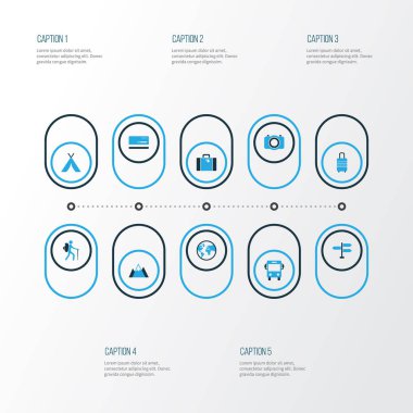 Renkli simgeler kümesi seyahat. Bavul, otobüs, tabela ve diğer öğeleri koleksiyonu. Ayrıca çanta, toprak, fotoğraf gibi simgeler içerir.