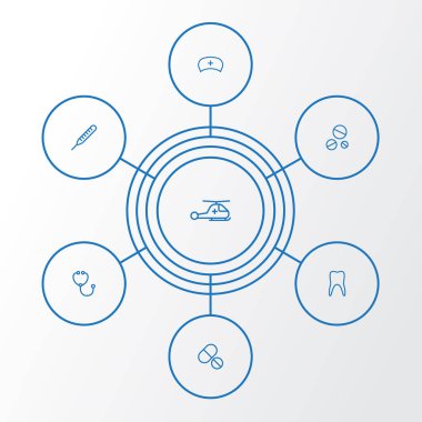 Uyuşturucu anahat simgelerini belirlemek. Helikopter, stetoskop, tıbbi şapka ve diğer öğeleri koleksiyonu. Ayrıca uyuşturucu, diş, sağlık gibi simgeler içerir.