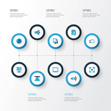 Medya renkli simgeler kümesi. Megafon, avuçiçi, çalma listesi ve diğer öğeleri koleksiyonu. Ayrıca avuçiçi, telefon, ses gibi simgeler içerir.