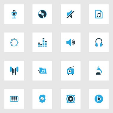 Multimedya renkli simgeler kümesi. Piyano, müzik aşığı, hoparlör ve diğer öğeleri koleksiyonu. Ayrıca Cd, müzik, gramofon gibi simgeler içerir.