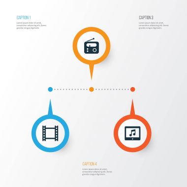 Medya Icons Set. Tablet, radyo, Film ve diğer öğeleri koleksiyonu. Ayrıca Fm, uygulama, Film gibi simgeler içerir.