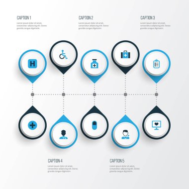 Antibiyotik renkli simgeler kümesi. İşareti, tıbbi veri, Pano ve diğer öğeleri koleksiyonu. Özürlü, hekim, adam gibi semboller de içerir.