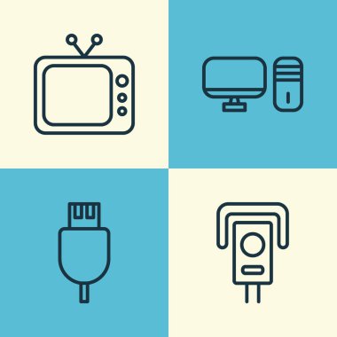 Simgeler kümesi. Evrensel seri veri yolu, kişisel bilgisayar, televizyon ve diğer öğeleri koleksiyonu. Ayrıca kamera, tak, Tv gibi simgeler içerir.