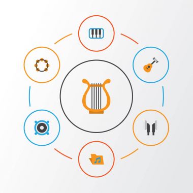 Müzik düz simgeler kümesi. Ritim, Portföy, akustik ve diğer öğeleri koleksiyonu. Ayrıca müzik, kulaklık, kulaklık gibi simgeler içerir.