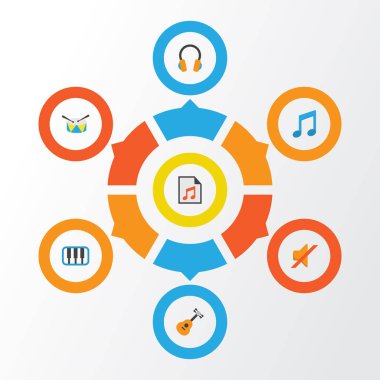 Multimedya düz simgeler kümesi. Kulak Muffs, sessiz, grup öğeleri koleksiyonu. Ayrıca araç, perküsyon, kulaklık gibi simgeler içerir.