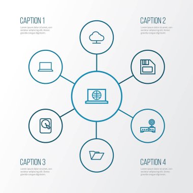 Bilgisayar anahat simgelerini belirlemek. Modem, yumuşak ve sarkık, Web ve diğer öğeleri koleksiyonu. Ayrıca disket, Wifi, bilgisayar gibi simgeler içerir.