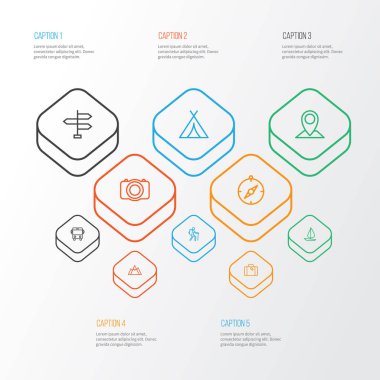 Yolculuk anahat simgelerini belirlemek. Gezgin, Hill, harita PIN ve diğer öğeleri koleksiyonu. Otobüs, Galeri, dağ gibi semboller de içerir.