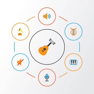 Müzik düz simgeler kümesi. Karaoke, ses, sessiz ve diğer öğeleri koleksiyonu. Ayrıca ses, mikrofon, Sonata gibi simgeler içerir.