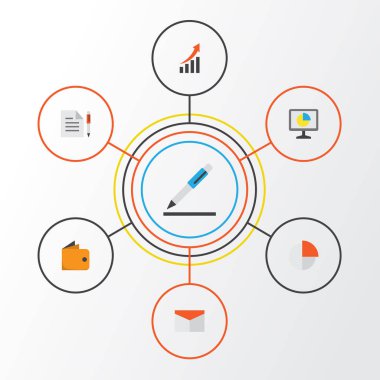 Ticaret düz simgeler kümesi. İstatistikler, pasta Bar, artan toplama ve diğer öğeler. Ayrıca grafik, zarf, cüzdan gibi simgeler içerir.