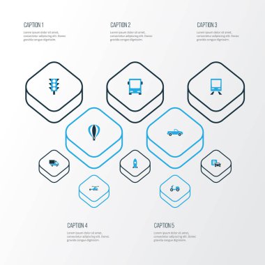 Ulaşım renkli simgeler kümesi. Füze, trafik ışığı, Scooter ve diğer öğeleri koleksiyonu. Ayrıca kamyon, P, tren gibi simgeler içerir.