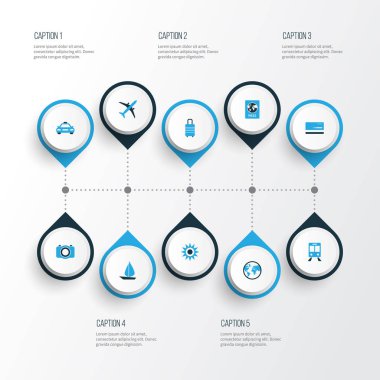 Yolculuk renkli simgeler kümesi. Uçak, Bagaj, taksi ve diğer öğeleri koleksiyonu. Ayrıca pasaport, kamera, gezegen gibi simgeler içerir.