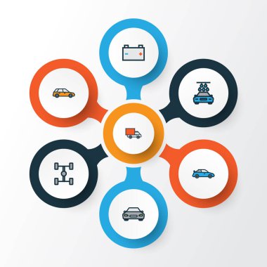 Otomobil renkli anahat simgelerini belirlemek. Karkas, otomobil, çamaşır ve diğer öğeleri koleksiyonu. Ayrıca Sedan, karkas, Van gibi simgeler içerir.