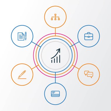İş anahat simgelerini belirlemek. Banka kartı, anlaşma, sözleşme imzalama ve diğer öğeleri koleksiyonu. Ayrıca istatistikler, evrak çantası, kartı gibi simgeler içerir.